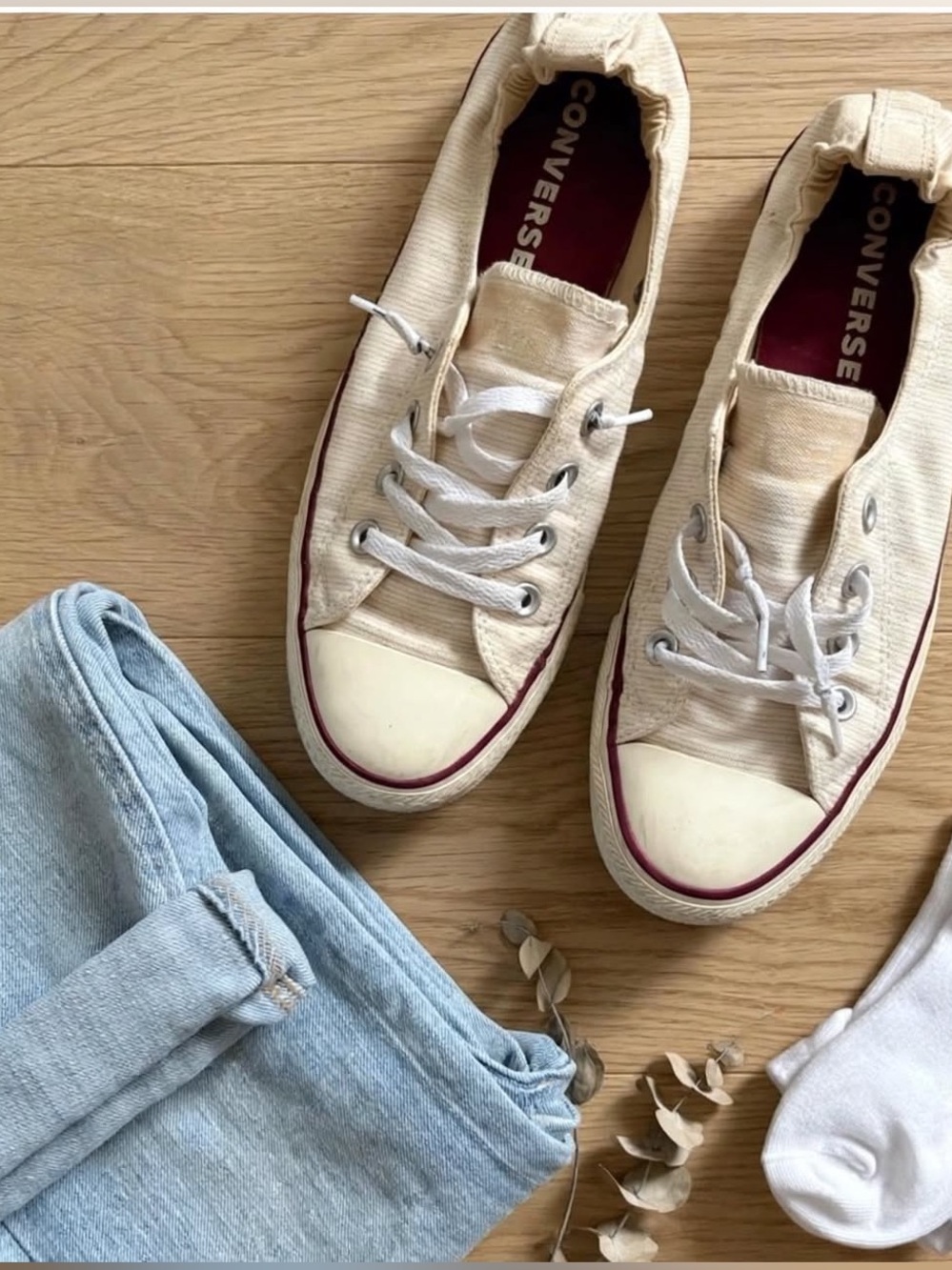 Converse Low Top Canvas Sneakers in Cream with Maroon Accents 10